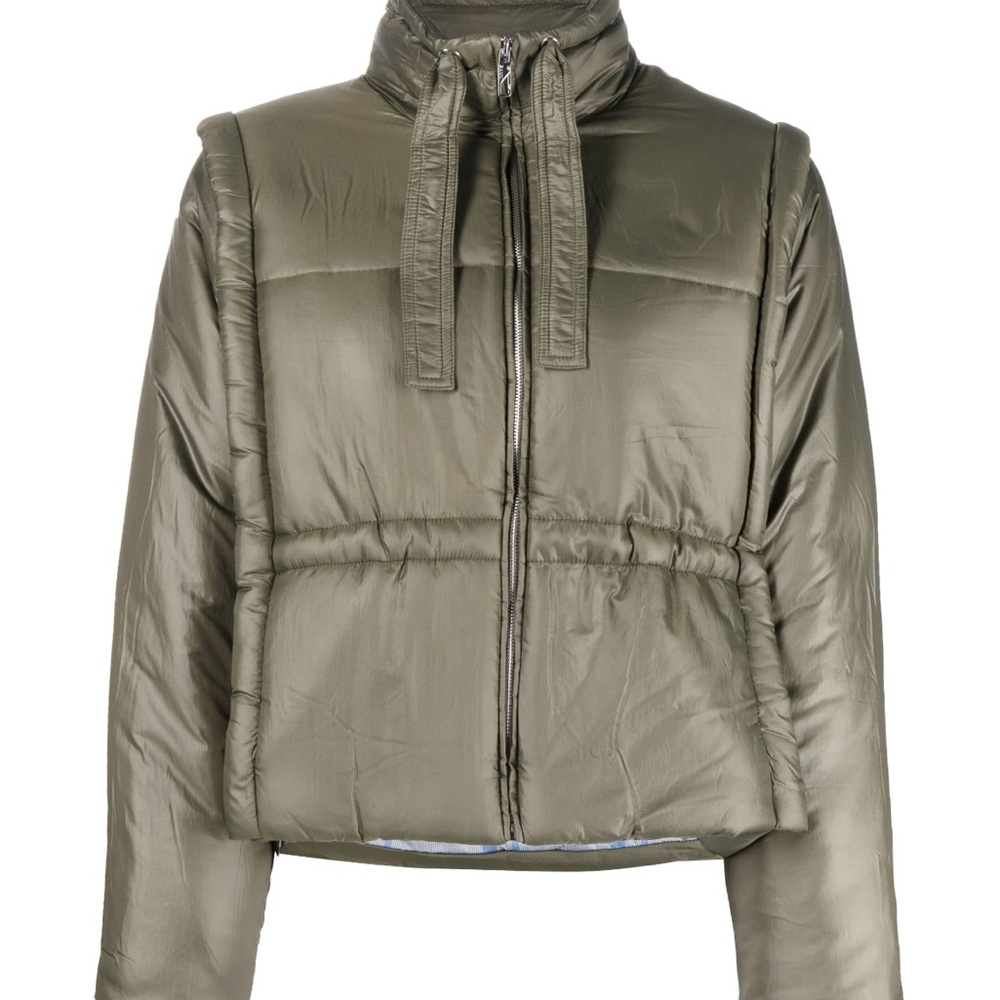 Ganni Olive Green Cropped Quilted Puffer Jacket